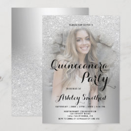 Zilveren glitter ombre metallic foto Quinceañera Kaart
