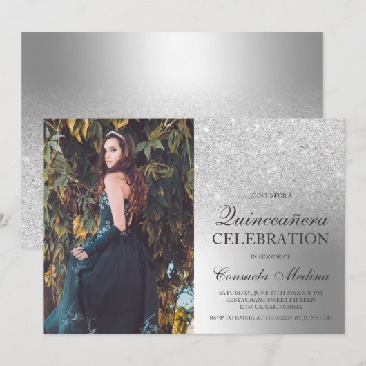 Zilveren glitter ombre metallic foto Quinceañera Kaart (Voorkant / Achterkant)