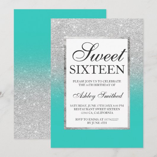 Zilveren glitter ombre turquoise chic Sweet 16 Kaart (Voorkant / Achterkant)