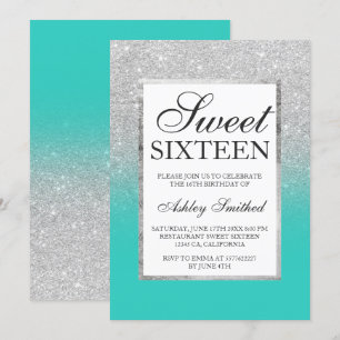 Zilveren glitter ombre turquoise chic Sweet 16 Kaart