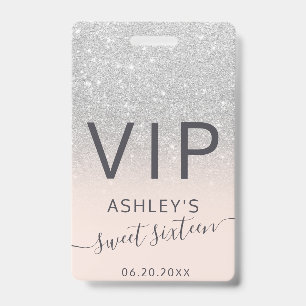zilveren glitter ombre typografie blush Sweet 16 V Badge