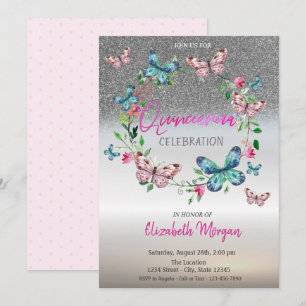 Zilveren Glitter Ombre, Vlinder Stippen Quinceaner Kaart