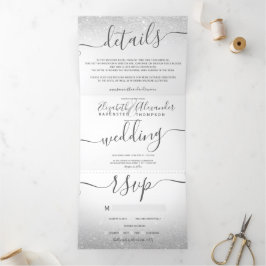 Zilveren glitter ombre wit script chique bruiloft drieluik uitnodiging