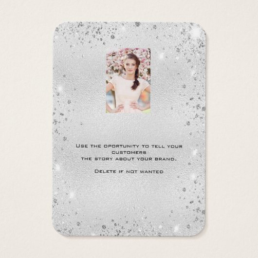 Zilveren glitter-oormerk fotokaart visitekaartje (Achterkant)