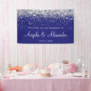 Zilveren Glitter op Midnight Blue Bruiloft Welkom Spandoek