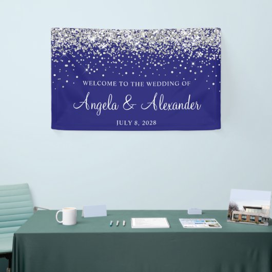 Zilveren Glitter op Midnight Blue Bruiloft Welkom Spandoek (Beurs)