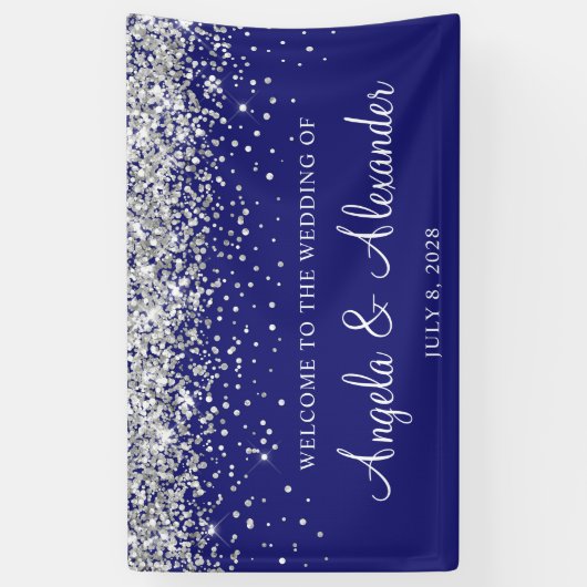 Zilveren Glitter op Midnight Blue Bruiloft Welkom Spandoek (Verticaal)