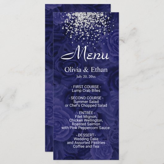 Zilveren glitter op Royal Blue Floral Menu (Voorkant / Achterkant)