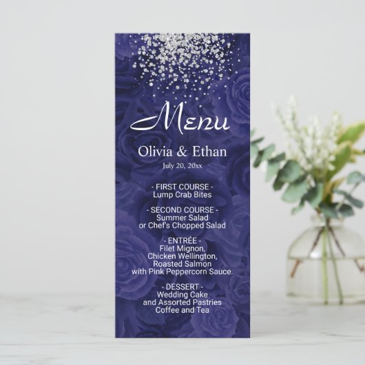 Zilveren glitter op Royal Blue Floral Menu (Staand voorkant)