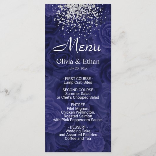 Zilveren glitter op Royal Blue Floral Menu (Voorkant)