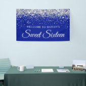 Zilveren Glitter op Royal Blue Sweet Sixteen Spandoek (Beurs)