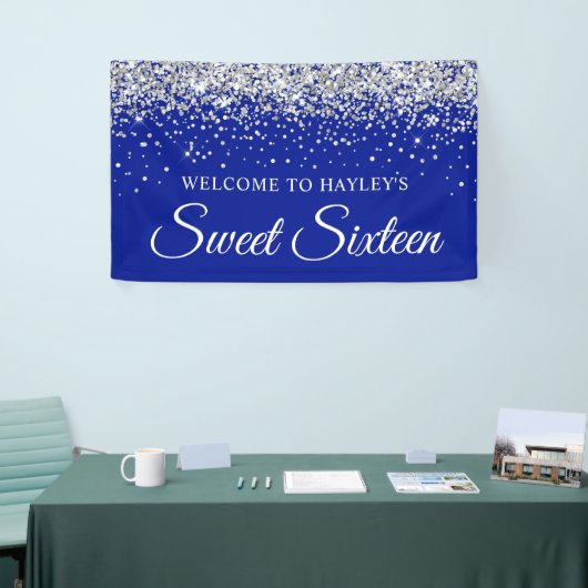 Zilveren Glitter op Royal Blue Sweet Sixteen Spandoek (Beurs)