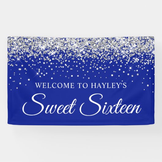 Zilveren Glitter op Royal Blue Sweet Sixteen Spandoek (Horizontaal)