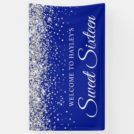 Zilveren Glitter op Royal Blue Sweet Sixteen Spandoek (Verticaal)