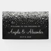 Zilveren Glitter op Zwarte Huwelijksontvangst Spandoek (Horizontaal)