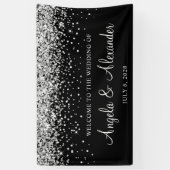 Zilveren Glitter op Zwarte Huwelijksontvangst Spandoek (Verticaal)