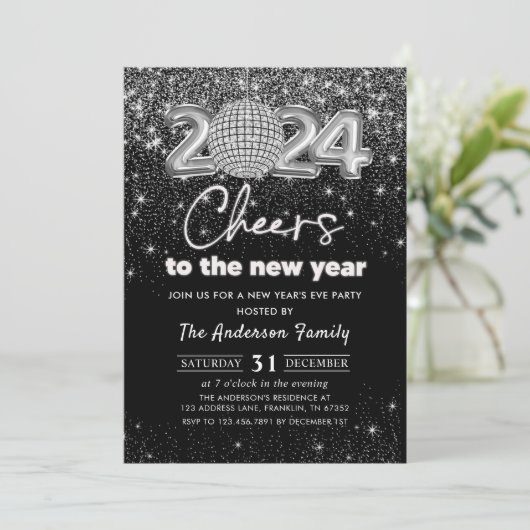 Zilveren Glitter Oud en Nieuw Feest 2024 Kaart (Staand voorkant)