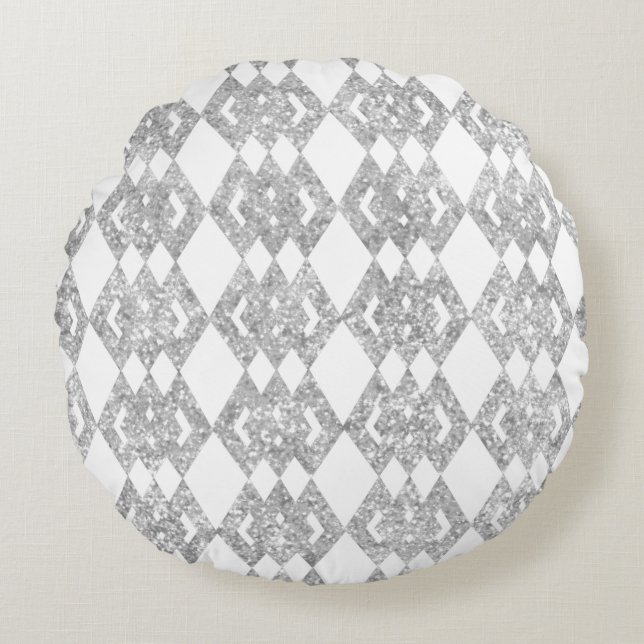 Zilveren Glitter Overlappende Diamant Patroon Rond Kussen (Voorkant)
