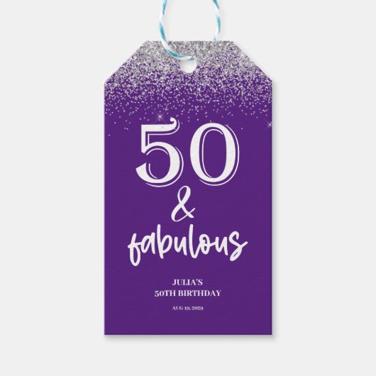 Zilveren Glitter Paars 50e Verjaardag Cadeaulabel (Voorkant)