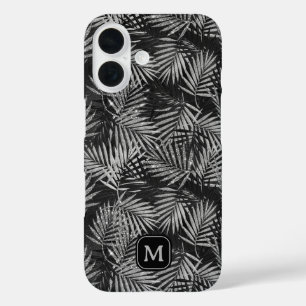 Zilveren Glitter Palm Tree Zwart Modern Monogram iPhone 16 Hoesje