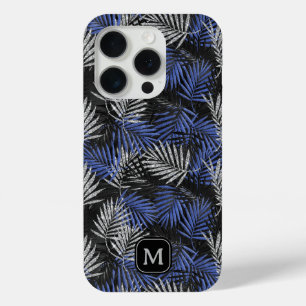 Zilveren Glitter Palmboom Blauwe Moderne Monogram iPhone 15 Pro Case