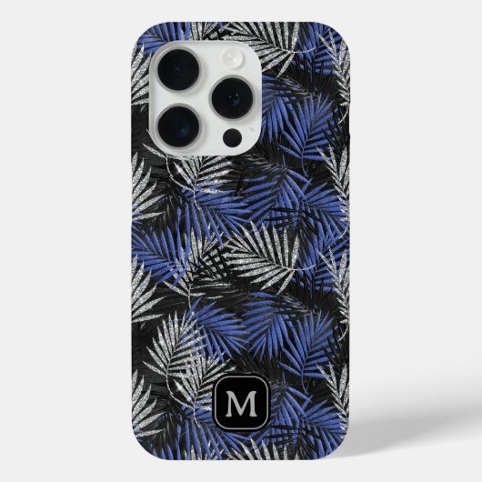 Zilveren Glitter Palmboom Blauwe Moderne Monogram Case-Mate iPhone Case (Achterkant)