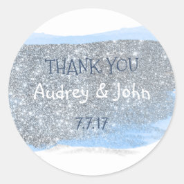 Zilveren Glitter Pastel Blauw Schilderij Dank u Ronde Sticker