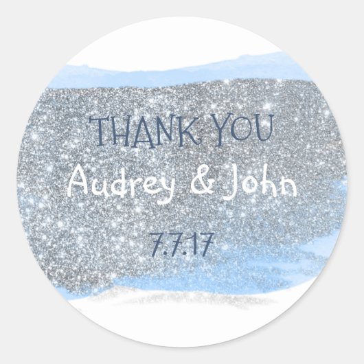 Zilveren Glitter Pastel Blauw Schilderij Dank u Ronde Sticker (Voorkant)