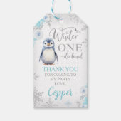 Zilveren Glitter Pinguïn Winter Onederland Verjaar Cadeaulabel (Voorkant)