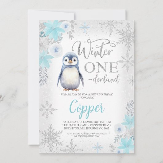 Zilveren Glitter Pinguïn Winter Onederland Verjaar Kaart (Voorkant)