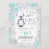 Zilveren Glitter Pinguïn Winter Onederland Verjaar Kaart (Voorkant / Achterkant)