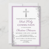 Zilveren Glitter Pruim Paars Eerste Heilige Commun Kaart (Voorkant)