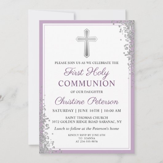 Zilveren Glitter Pruim Paars Eerste Heilige Commun Kaart (Voorkant)