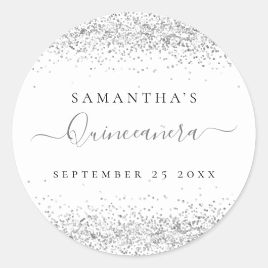 Zilveren Glitter Quinceañera Naam Datum Ronde Sticker (Voorkant)