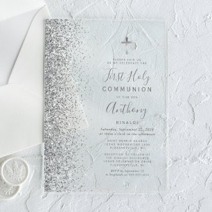 Zilveren Glitter Rand Eerste Heilige Communie Acryl Uitnodigingen