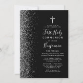 Zilveren Glitter Rand Zwart Eerste Heilige Communi Kaart (Voorkant)