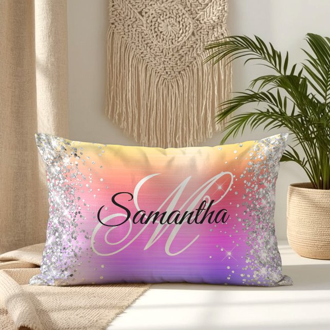 Zilveren Glitter Regenboog Folie Fancy Monogram Kussen (Silver Glitter Rainbow Foil Fancy Monogram Lumbar Pillow)
