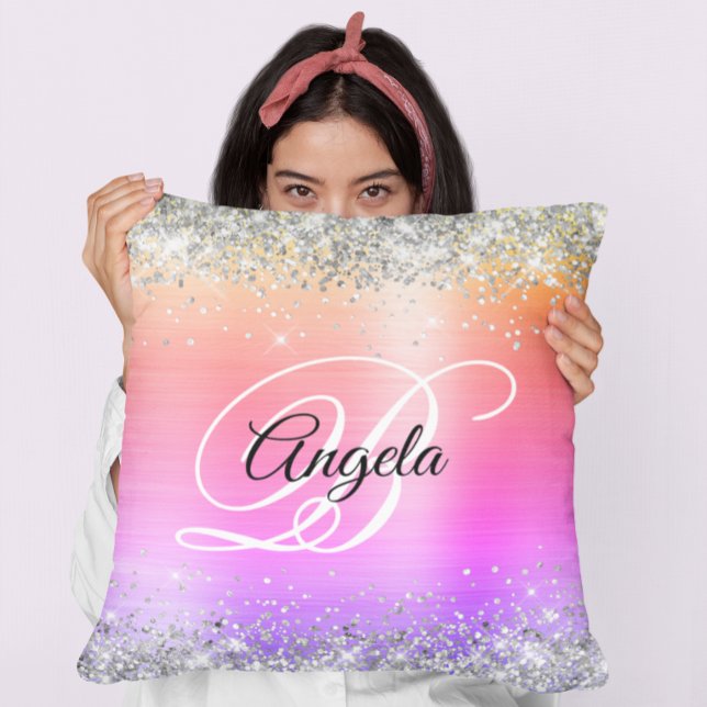 Zilveren Glitter Regenboog Folie Fancy Monogram Kussen (Silver Glitter Rainbow Foil Fancy Monogram Throw Pillow)