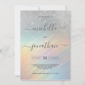 Zilveren Glitter Regenboog Holografische Bruiloft Kaart (Voorkant)