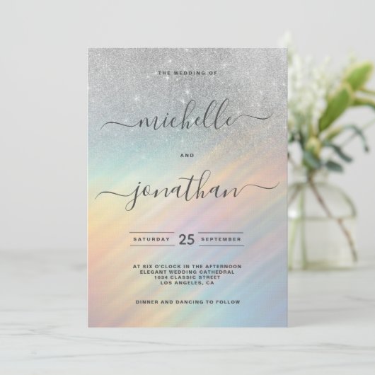 Zilveren Glitter Regenboog Holografische Bruiloft Kaart (Staand voorkant)
