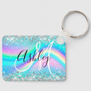 Zilveren Glitter Regenbooggolf Aqua Ombre Monogram Sleutelhanger