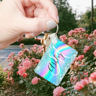 Zilveren Glitter Regenbooggolf Aqua Ombre Monogram Sleutelhanger
