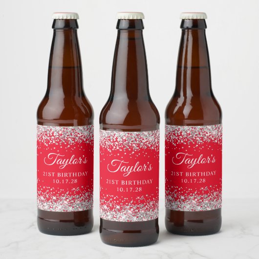 Zilveren Glitter Rode 21e Verjaardag Bier Etiket (Flessen)