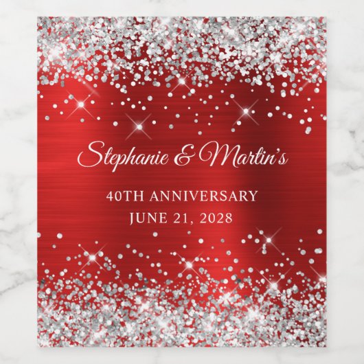 Zilveren Glitter Rode Folie 40e bruiloft Jubileum Wijn Etiket (Enkel label)