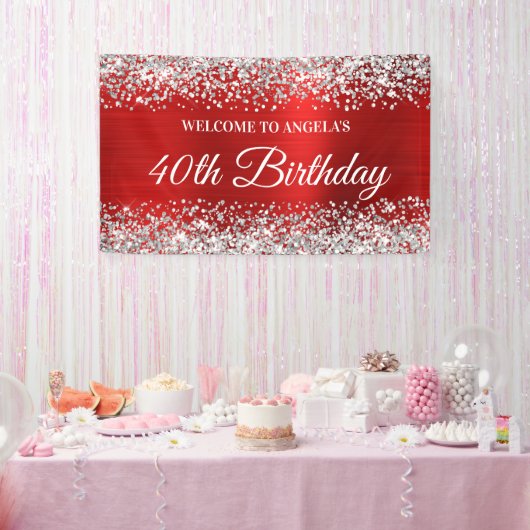 Zilveren Glitter Rode Folie 40e Verjaardag Welkom Spandoek (Feest)