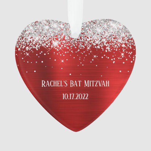 Zilveren Glitter Rode Folie Bat Mitzvah Hart Ornament (voorkant)