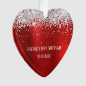Zilveren Glitter Rode Folie Bat Mitzvah Hart Ornament (voorkant)