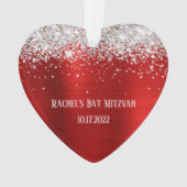Zilveren Glitter Rode Folie Bat Mitzvah Hart Ornament (achterkant)