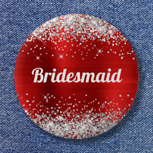 Zilveren Glitter Rode Folie Bruidsmeisje Ronde Button 5,7 Cm