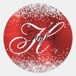 Zilveren Glitter Rode Folie Fancy Monogram Ronde Sticker